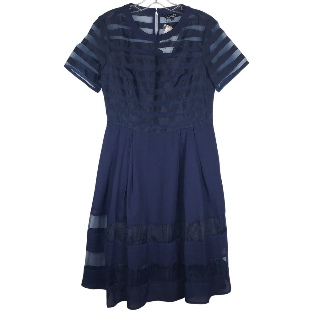 Anthropologie Elliatt Dutchess Dress Short Sleeve Sheer Stripes Pleated Navy S